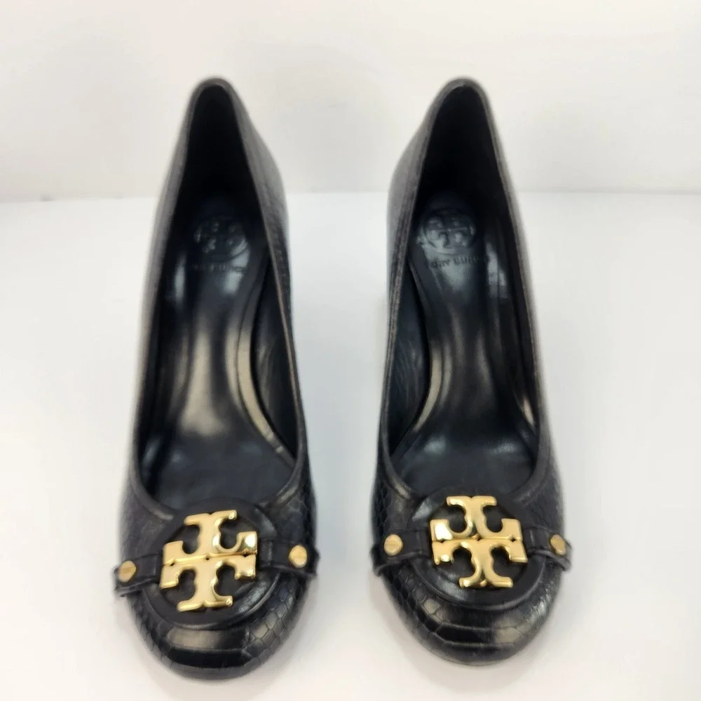 Tory Burch Janey Women's Elegant Classy Black Leather Block Heel Logo Pumps 7M